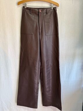 Women Wide-Leg Faux Leather Pants — Brown